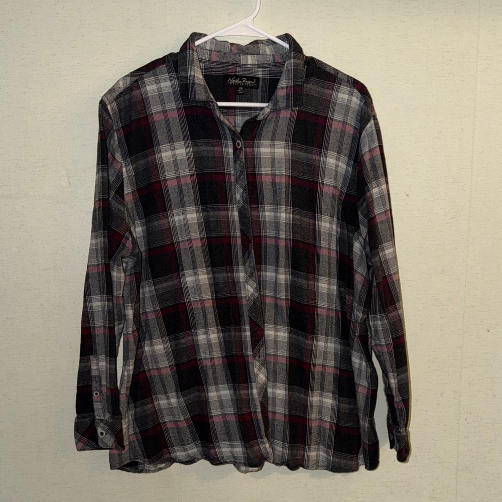 Plaid Long-Sleeve Button-Down Shirt in Black, Gray & Red